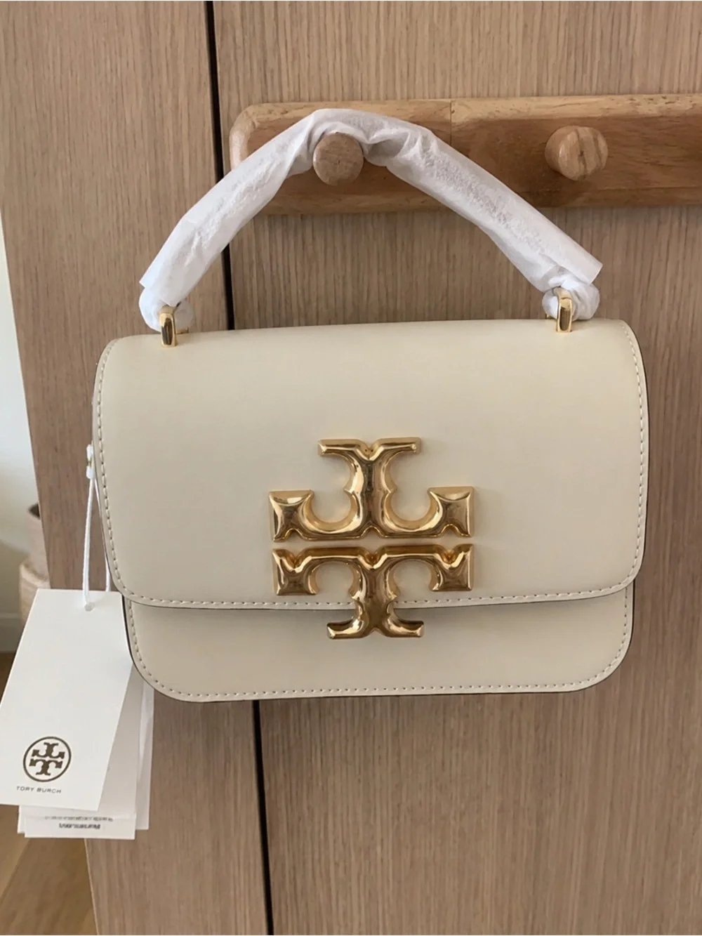Tory Burch Cream Leather Logo Crossbody Bag with Gold Hardware
